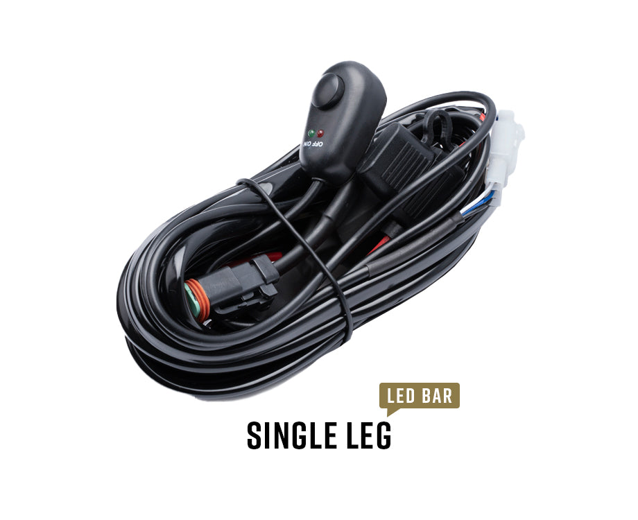 LED light bar single leg wiring harness with switch and connectors for off-road vehicles