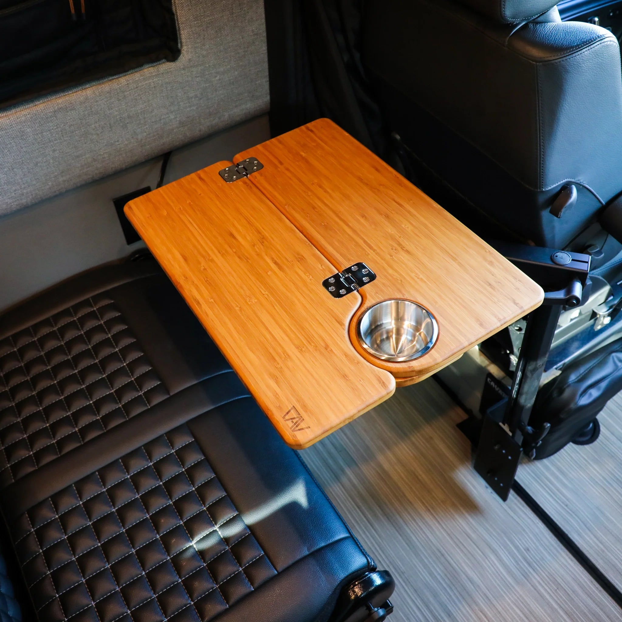 Foldable bamboo vehicle seat-back table with cup holder for overlanding interiors
