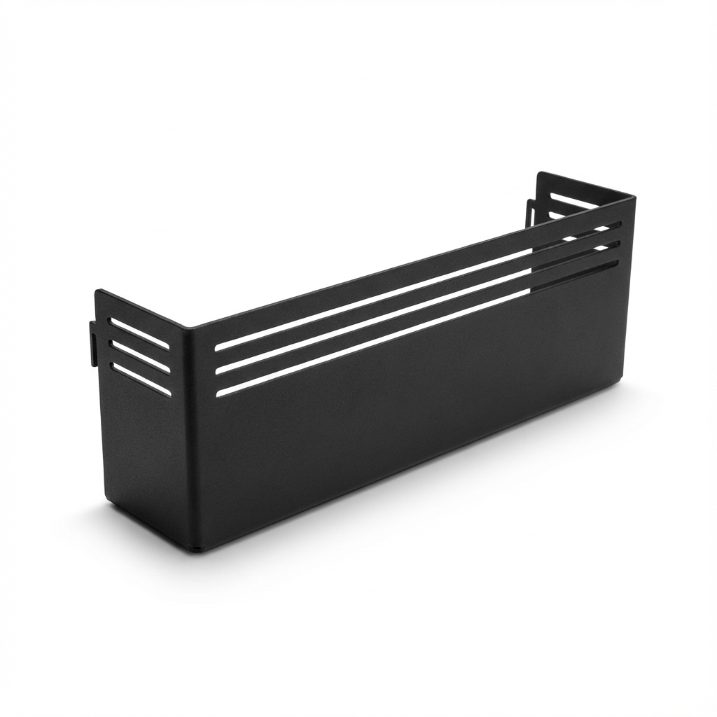Black powder-coated metal storage basket for overlanding vehicle organization
