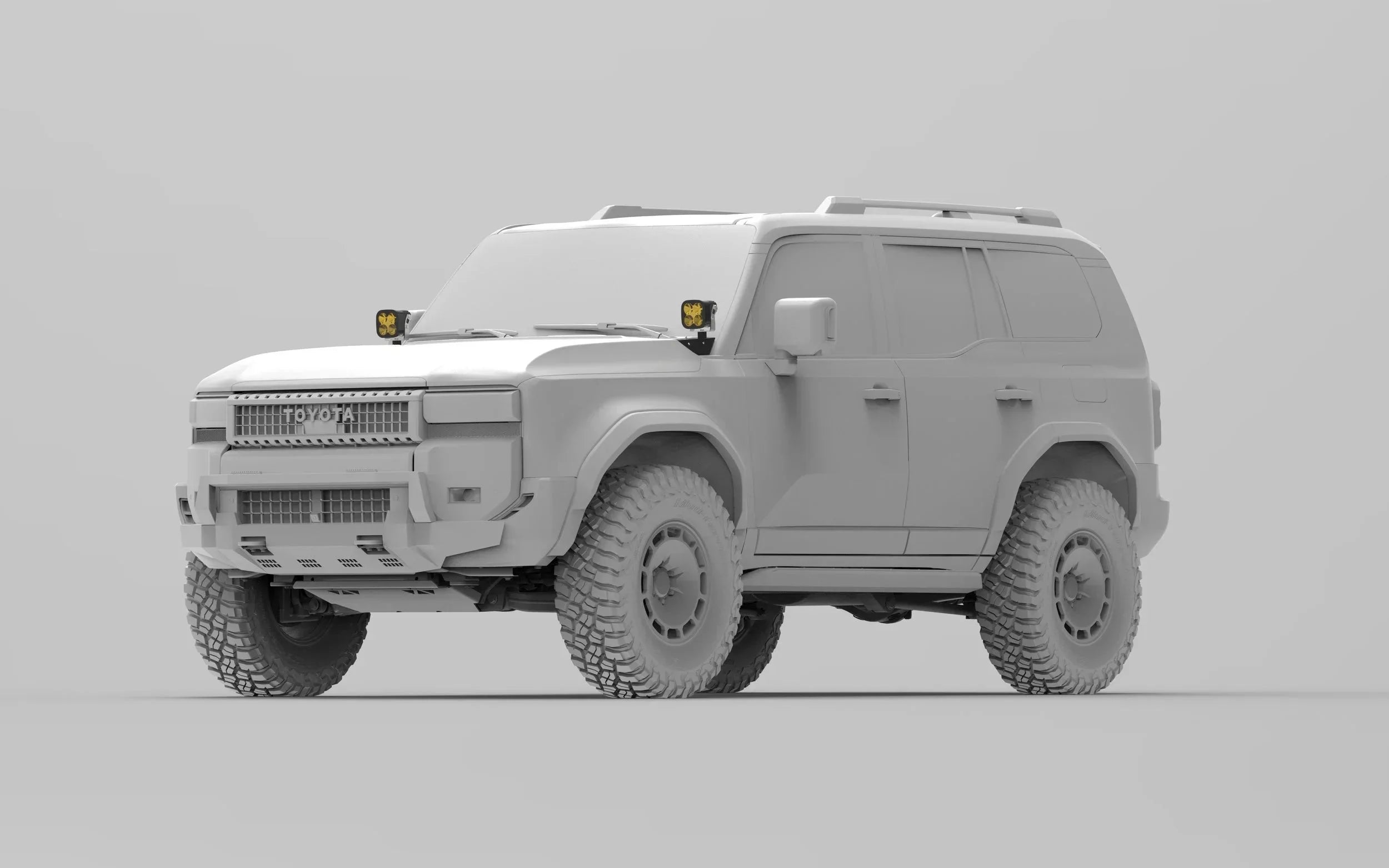 Toyota SUV with off-road tires, LED ditch lights, rugged expedition and overlanding gear