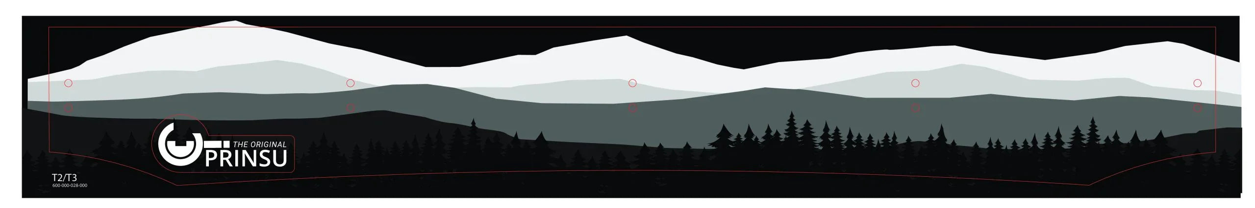 Gray mountain silhouette with layered pine tree forest, mountain adventure decal design.