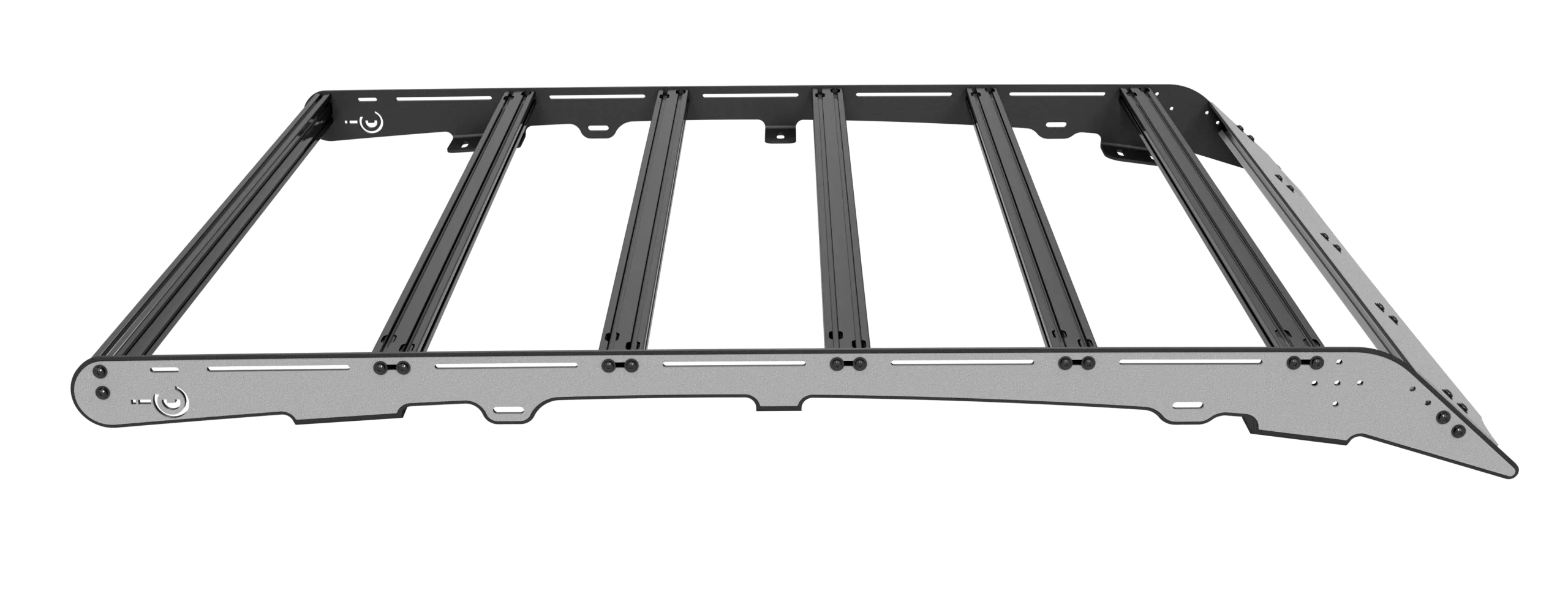 Grey metal roof rack side plate for overland vehicle, compatible with truck and SUV