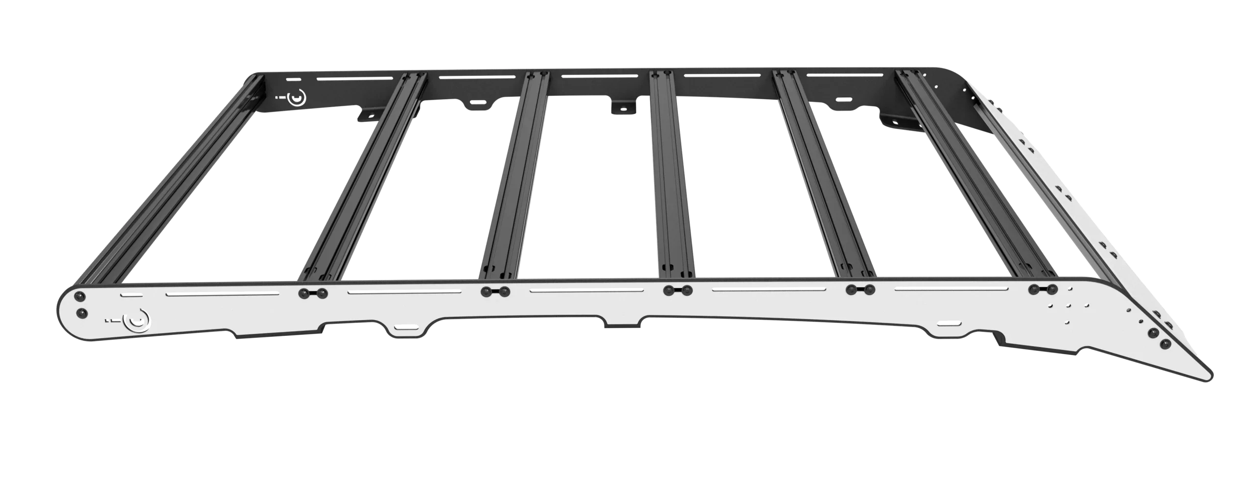 White shield plate retro fit side view of modular vehicle roof rack for overlanding