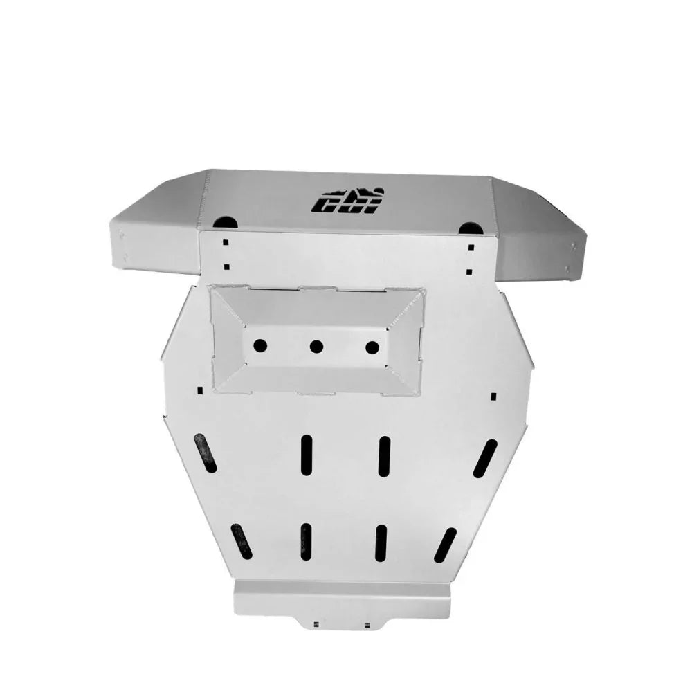 Aluminum skid plate for off-road vehicles, rear view, with multiple mounting slots.