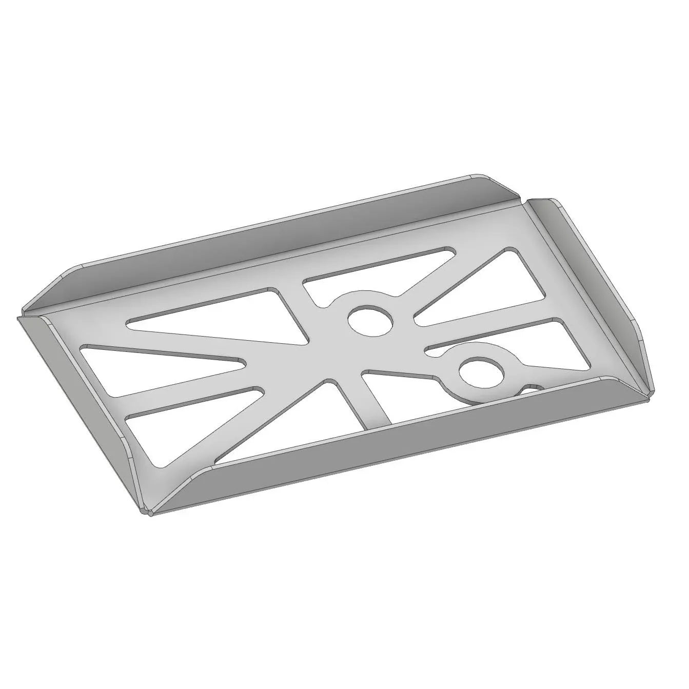 Steel battery tray for Toyota 4Runner, custom fit with mounting holes and angled edges.