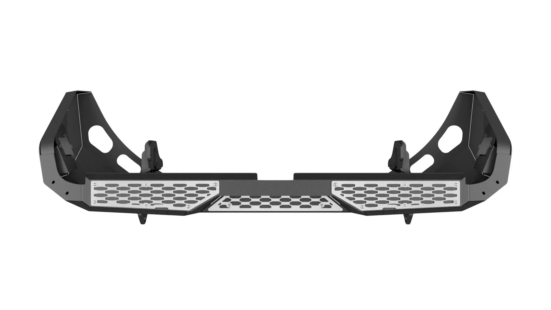 Heavy-duty steel off-road front bumper with silver mesh panels for trucks and SUVs