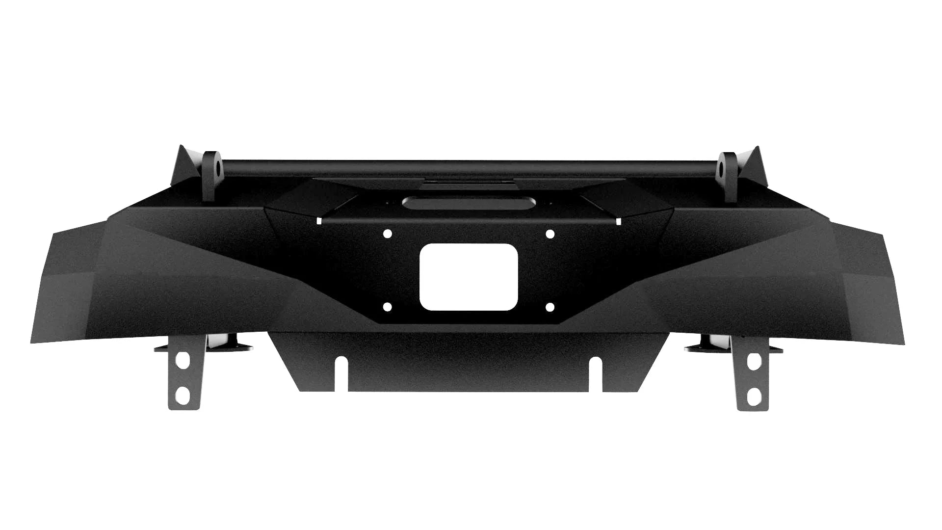 Heavy-duty black steel truck bumper with integrated grill protection, bottom view