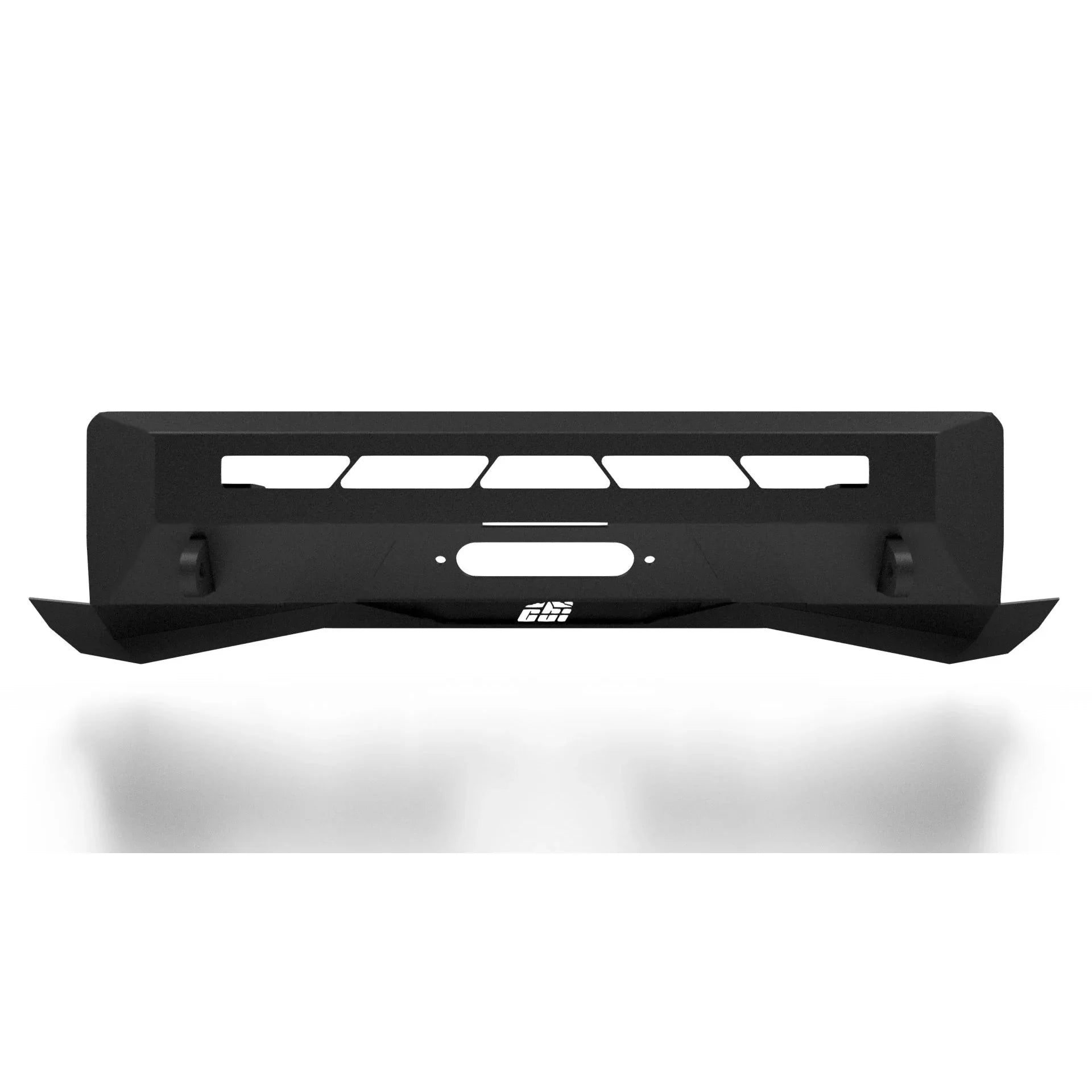 Heavy-duty black steel off-road front bumper with cutouts, designed for overlanding vehicles