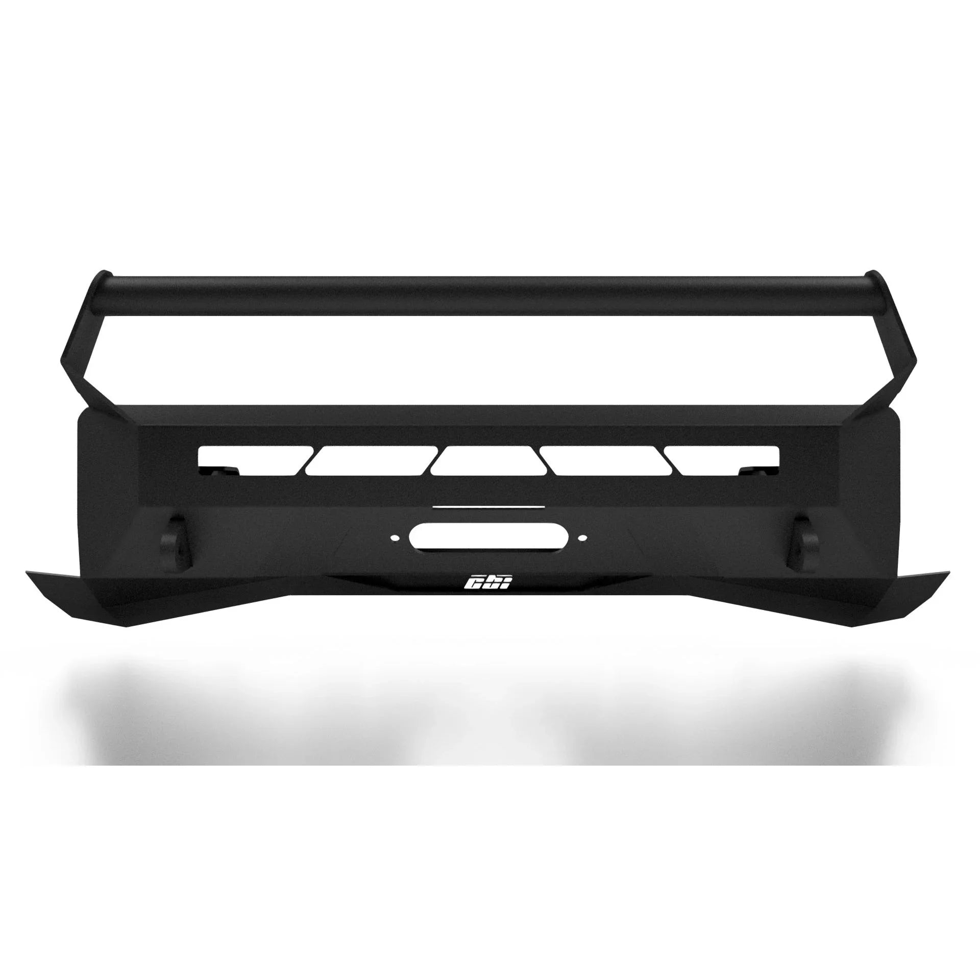Heavy-duty black steel front bumper grill guard for off-road vehicles, front view
