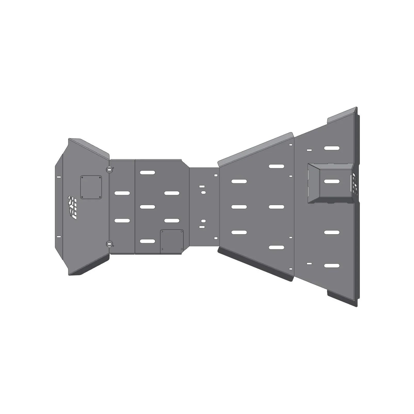 Full-length steel skid plate set for off-road vehicle, underside view, with vent slots.