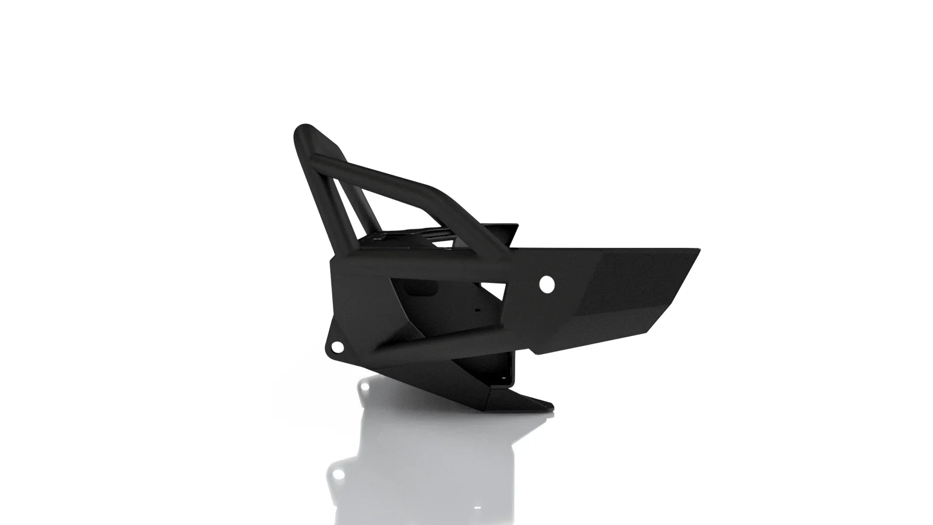 Black welded steel off-road front bumper for trucks and SUVs, angled design, isolated view