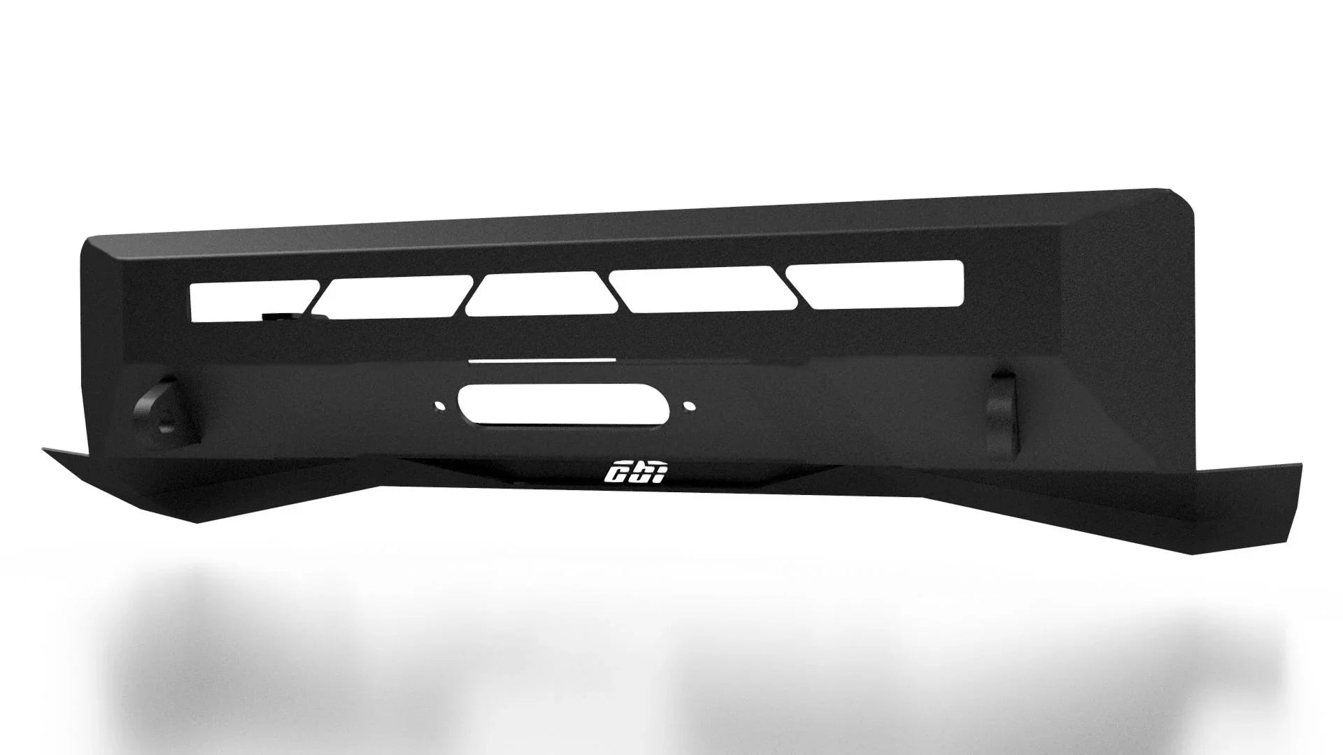 Heavy-duty black steel off-road bumper with winch mount and cutouts, isolated on white