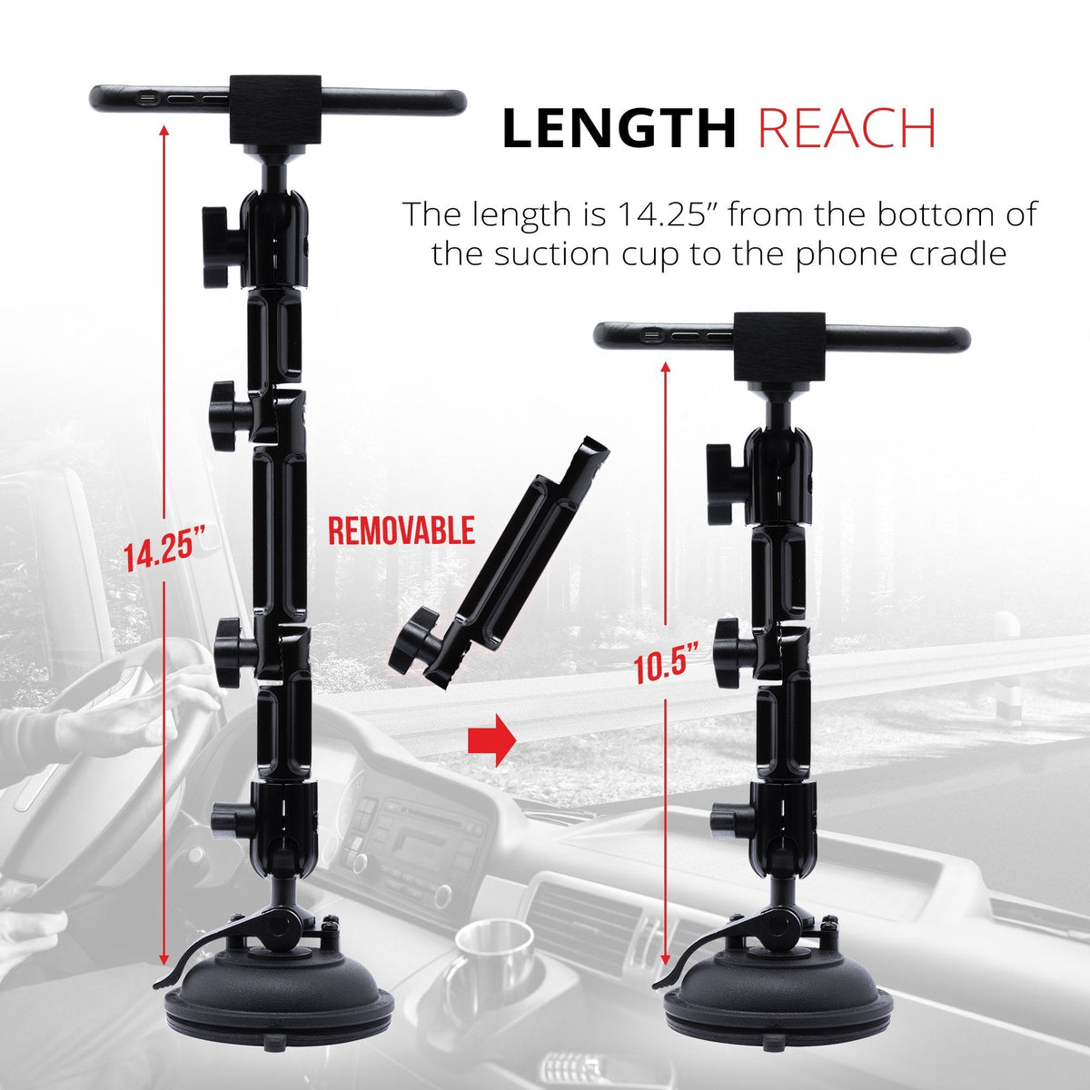 Tackform suction cup phone mount 10.5" arm for universal fit