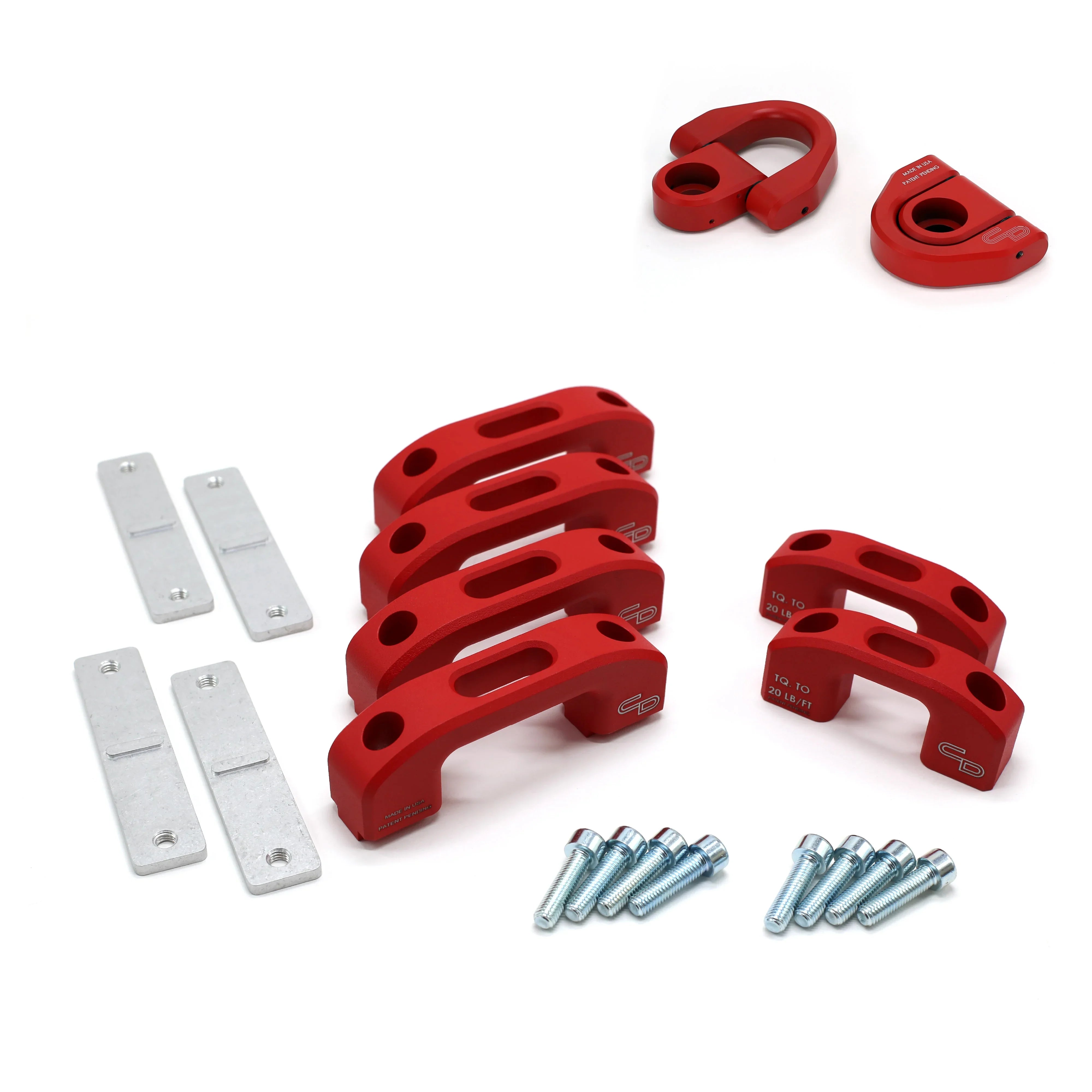 Red powder coated billet tie down kit with brackets and bolts for Toyota Tacoma truck bed
