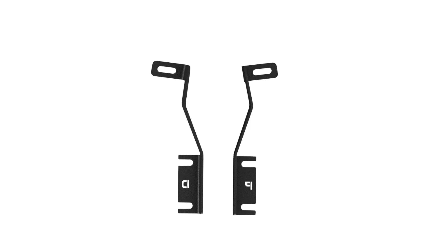 Pair of black metal mounting brackets for vehicle accessories, top view, isolated on white