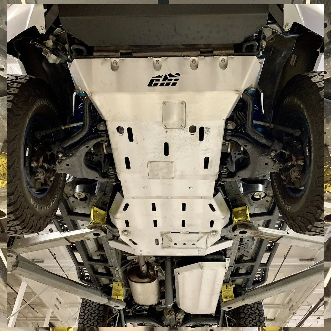 Toyota 4Runner rear skid plate installed, showing undercarriage protection and off-road tires