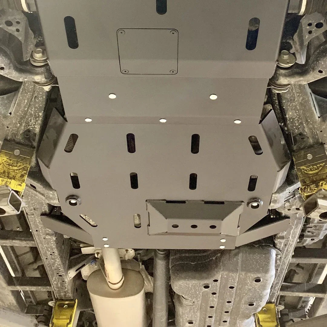 Installed rear skid plate under Toyota 4Runner for off-road protection