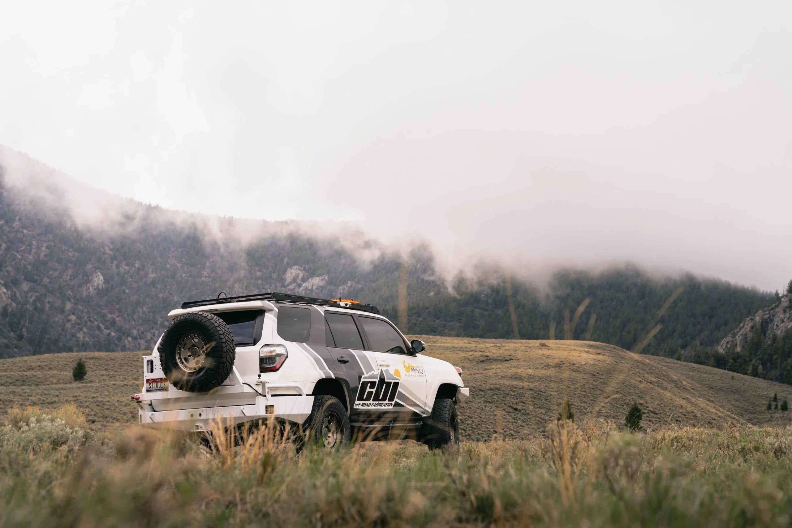 Toyota 4Runner with off-road side steps parked in a rugged, mountainous landscape