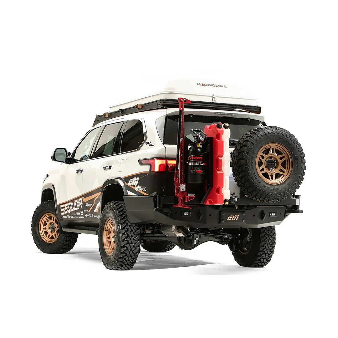 Toyota Sequoia with rear swing arm add-on, spare tire, and off-road gear accessories