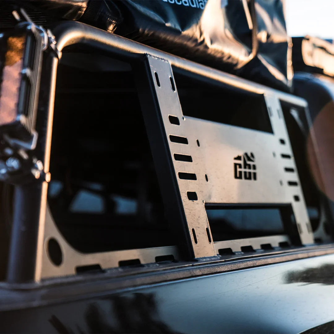 Toyota Tacoma overland bed rack close-up with mounting features, outdoor adventure gear