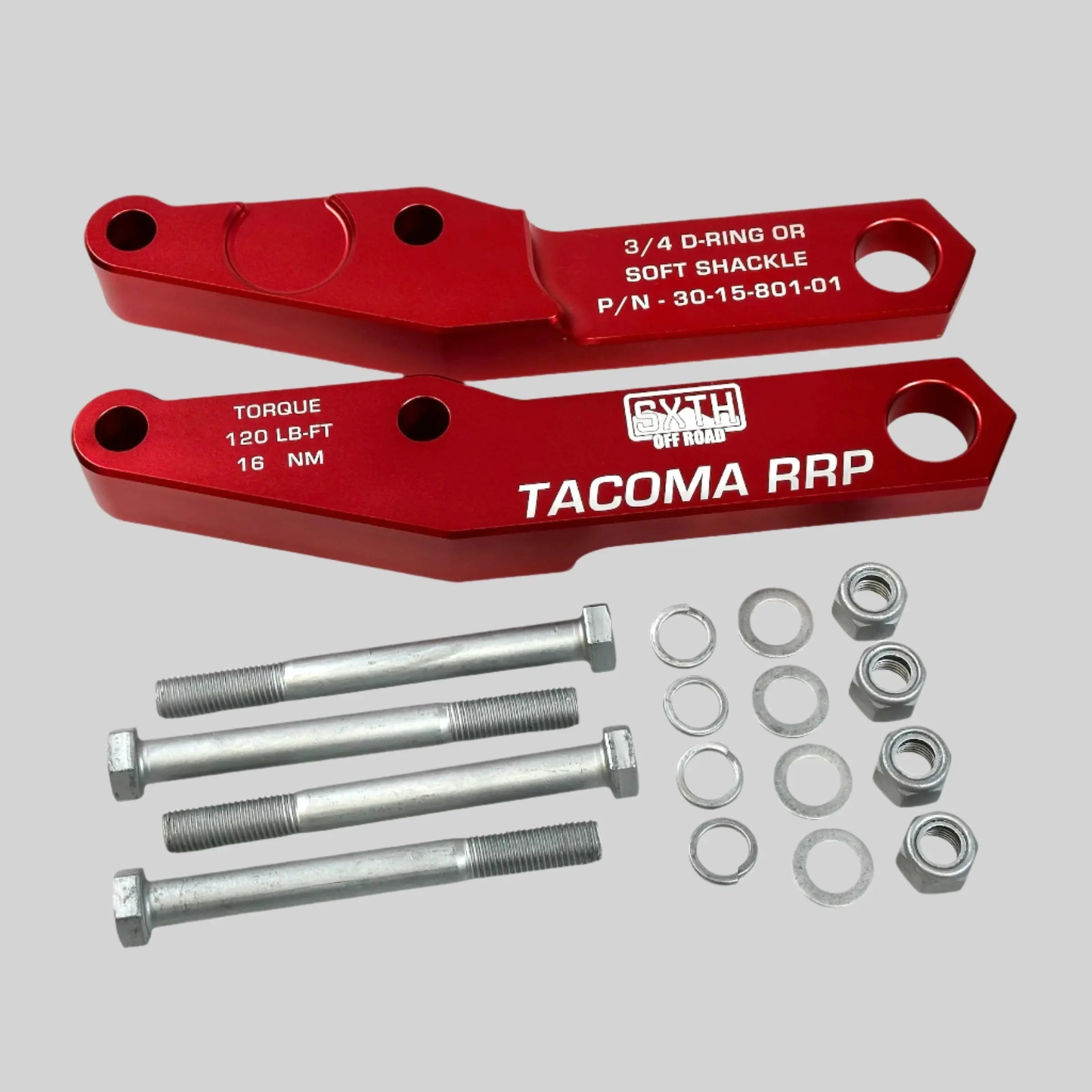 Red Toyota Tacoma rear recovery points with bolts, washers, and nuts kit