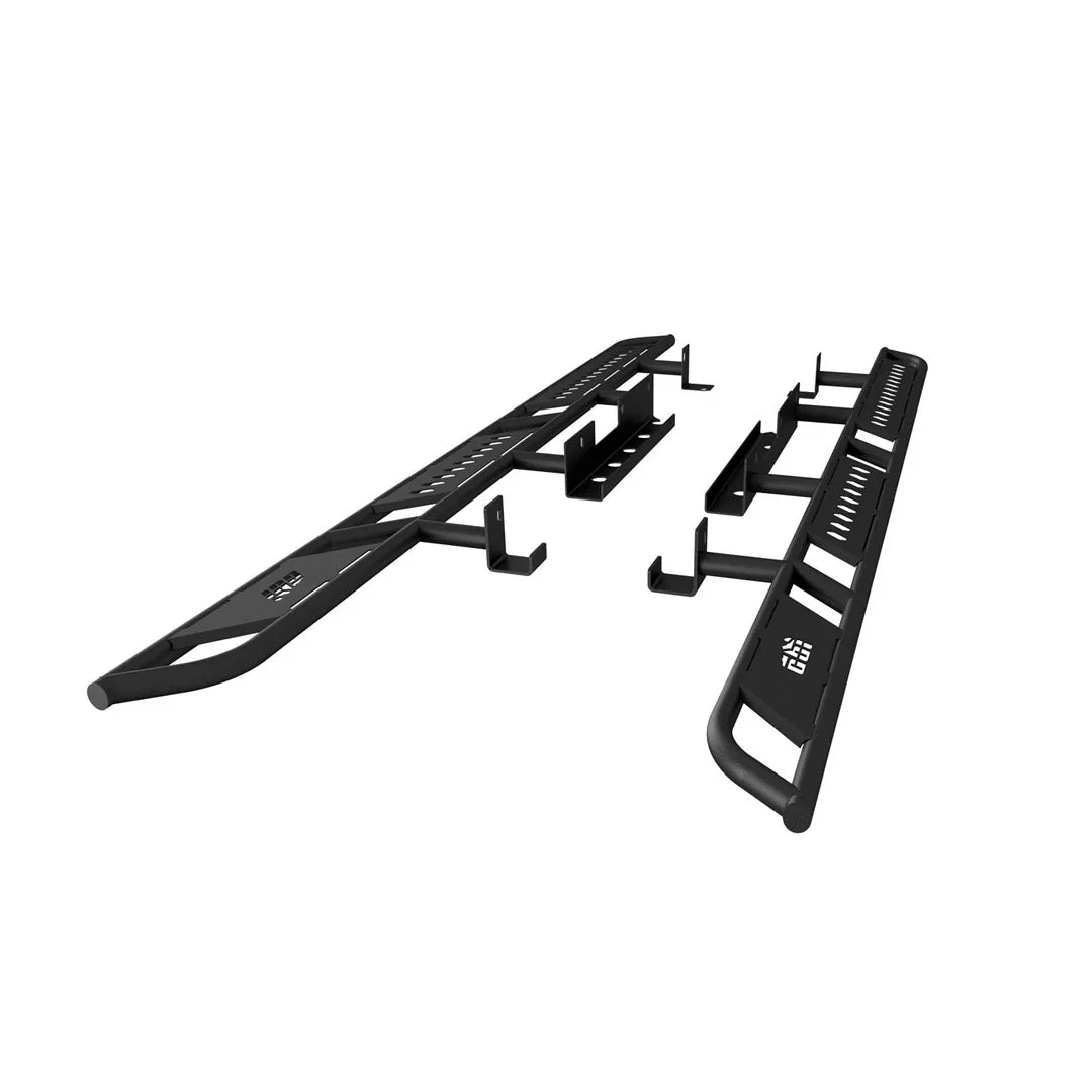 Pair of black Toyota Tundra overland rock sliders with mounting brackets, angled view