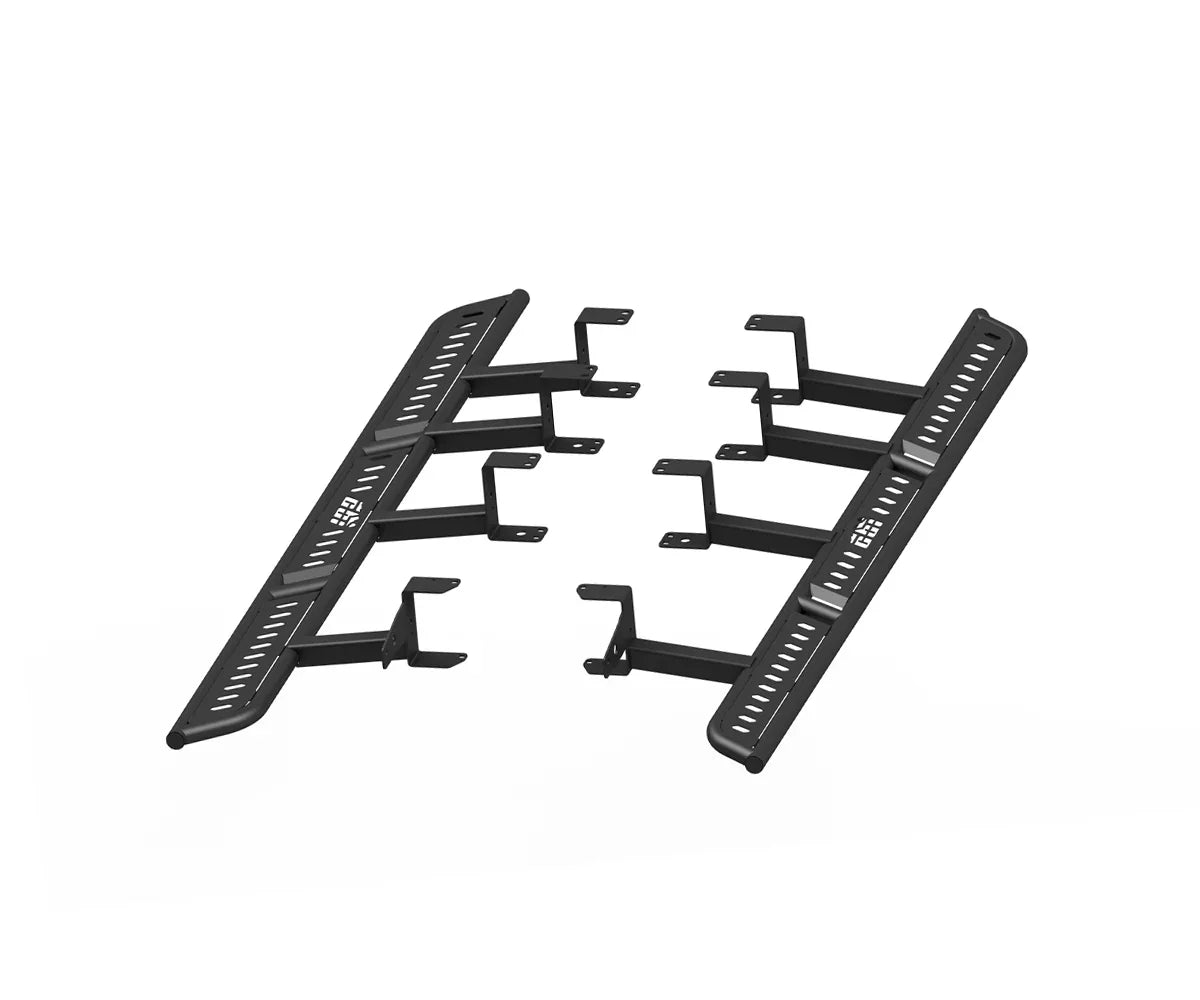 Toyota Tundra overland rock sliders black steel with mounting brackets on white background