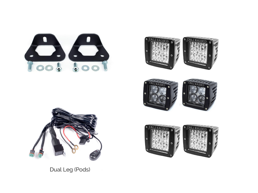 Toyota truck bed rail LED pod combo kit with mounting brackets, wiring harness, and four LED light pods.