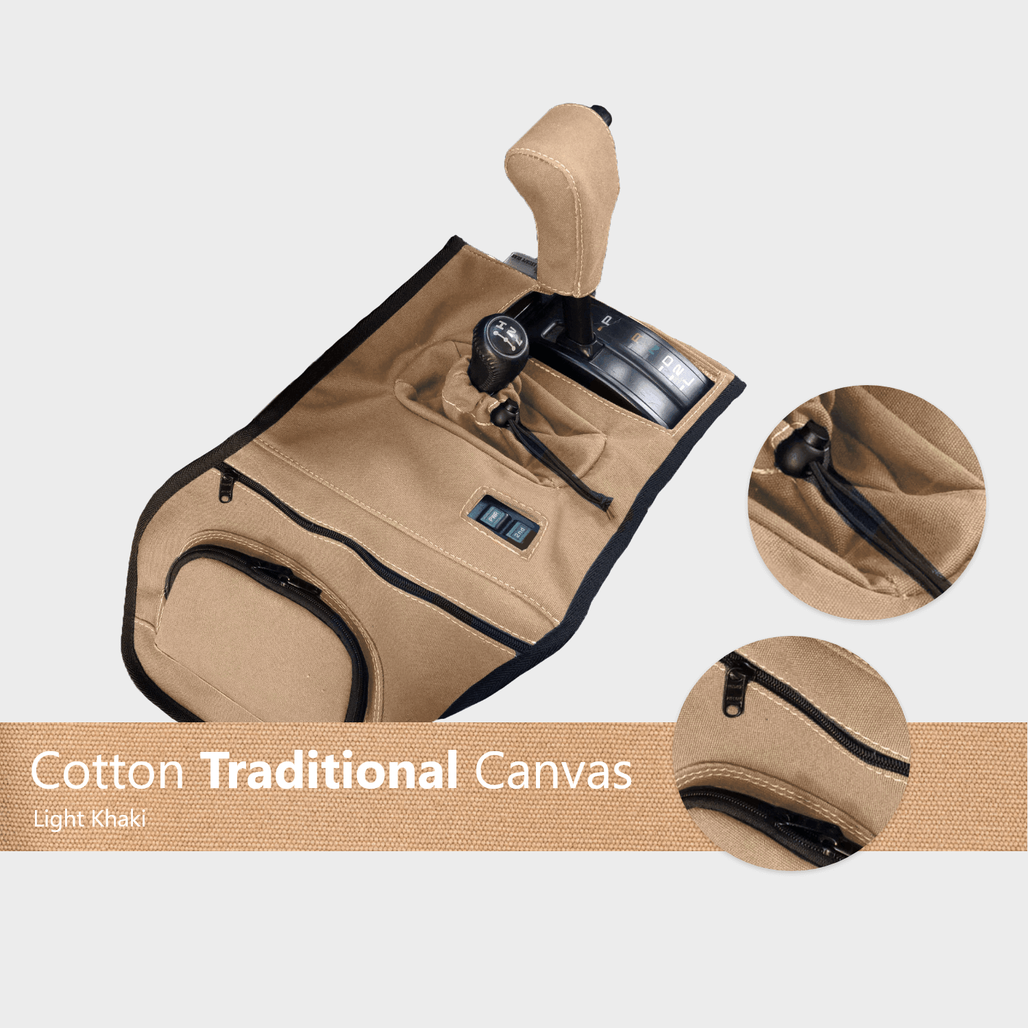 Light khaki cotton canvas transmission cover for off-road vehicles with zipper pockets