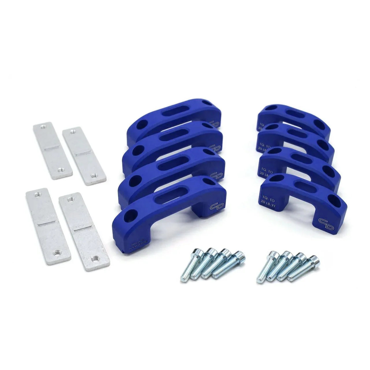Blue billet aluminum tie down kit with mounting hardware for Toyota Tundra truck bed.