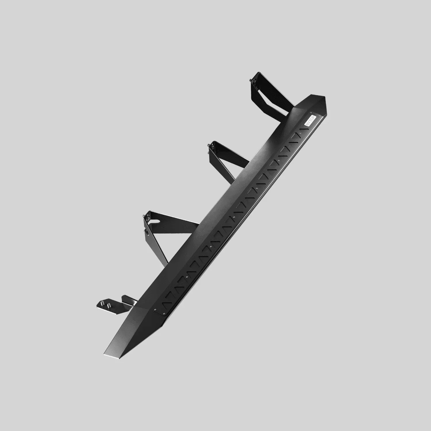 Black steel rock slider for off-road vehicles, fits Toyota Tacoma, angled mounting brackets