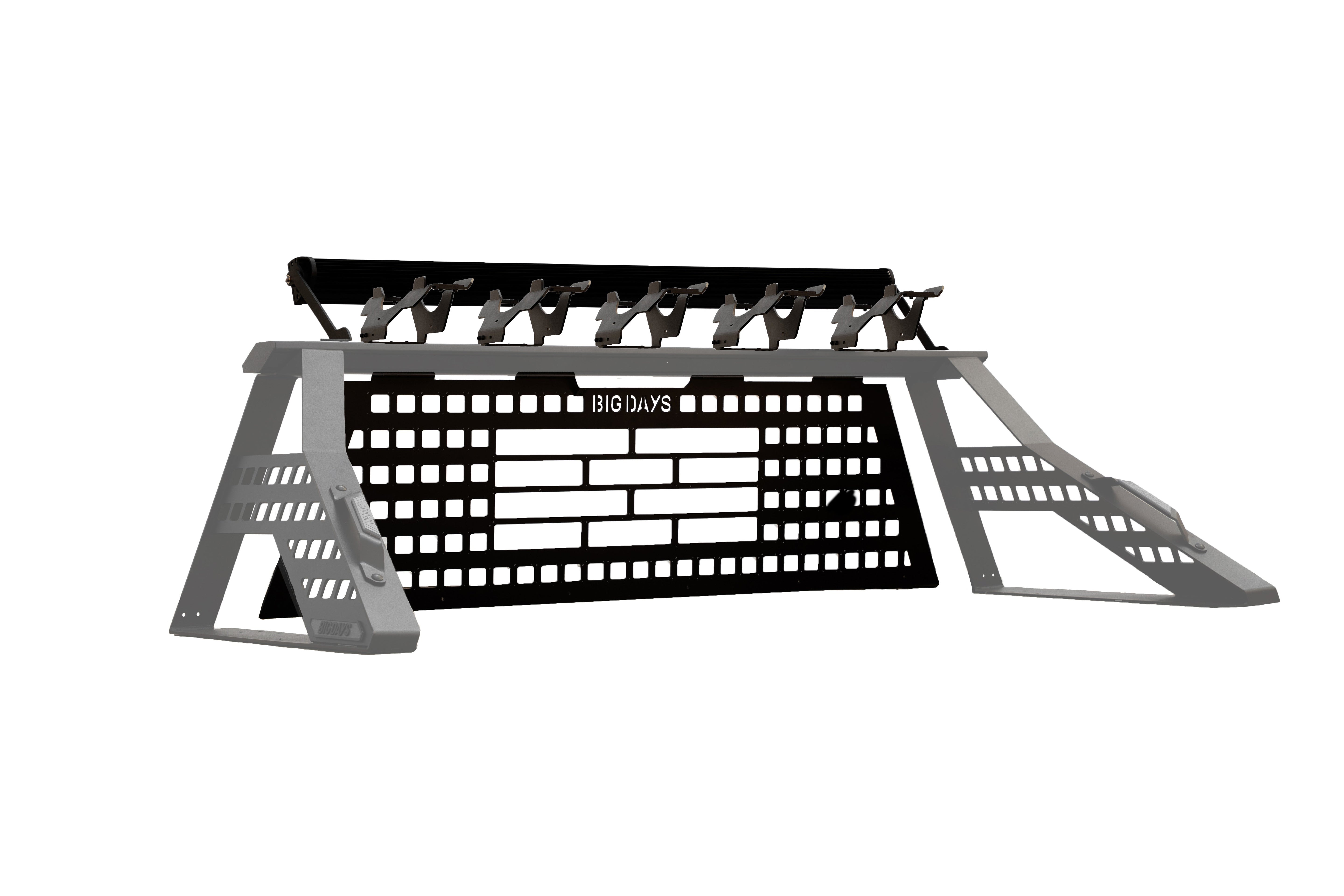 Big Days Chase Rack Pro Build 5 Bike shuttle system with headache rack and 52-inch light bar on a mid-size truck bed