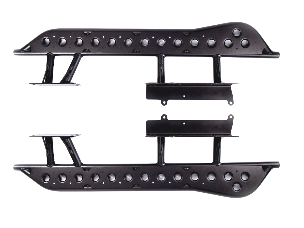 Black off-road rock sliders with mounting brackets, suitable for overlanding vehicles