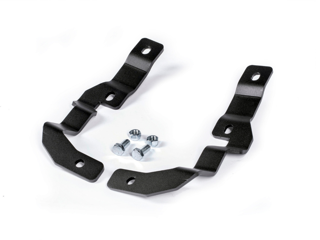 Black metal mounting brackets and bolts for off-road vehicle accessories