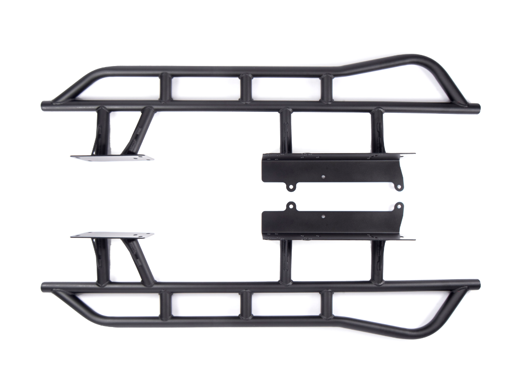 Heavy duty steel rock sliders and mounting brackets for Toyota 4Runner overland vehicles