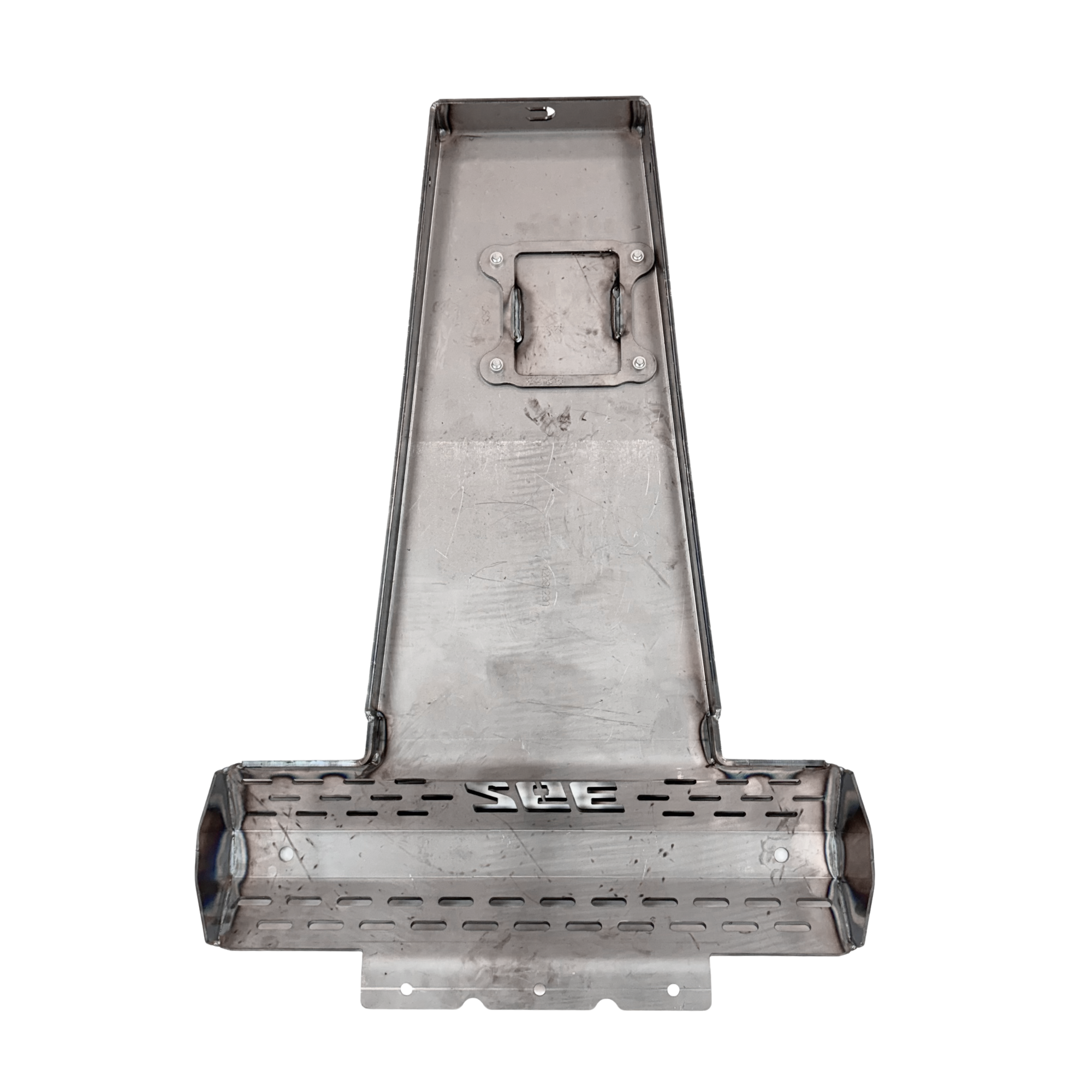 Stainless steel skid plate for off-road vehicle undercarriage protection, isolated on white background.