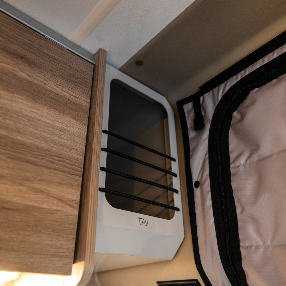 Modern overland vehicle storage cabinet with wood panel and utility straps