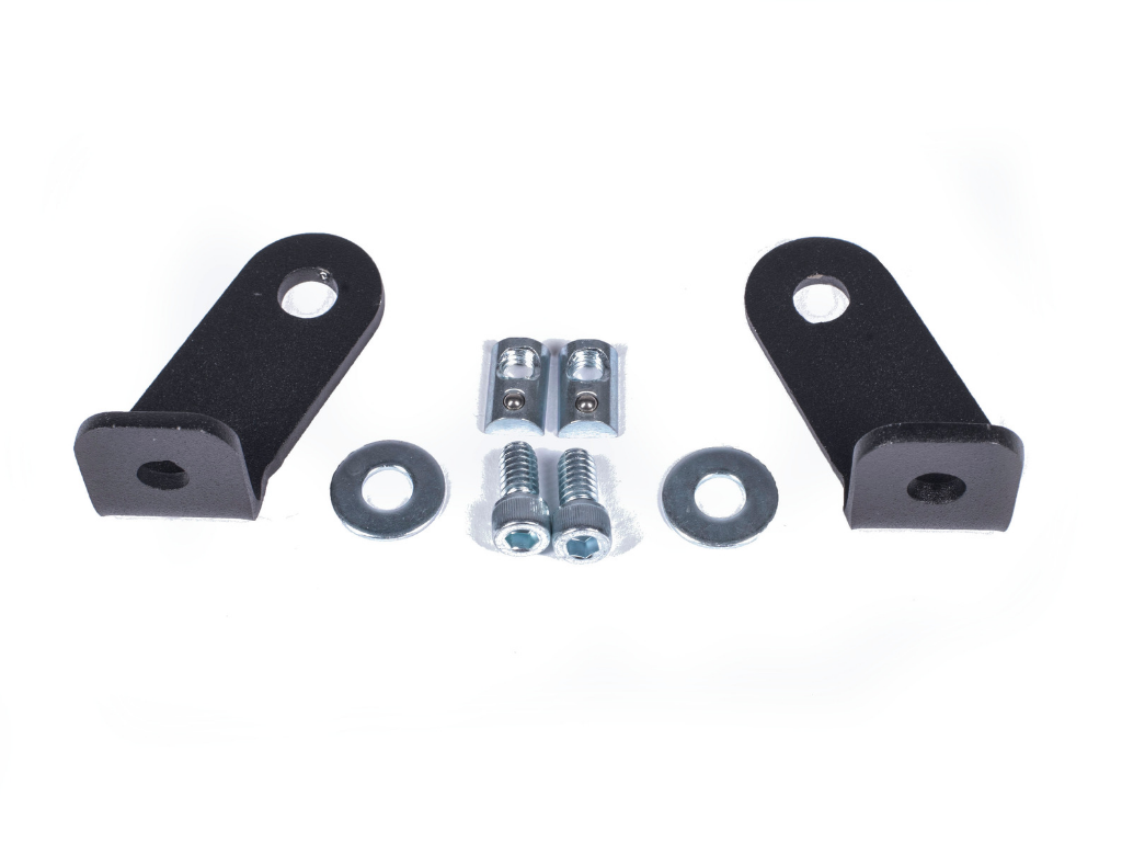 Black metal mounting brackets and hardware kit for off-road vehicle accessories