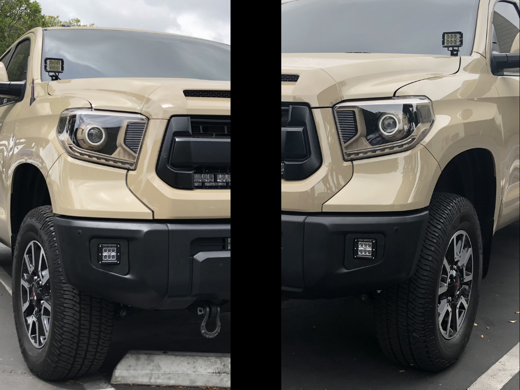 Split view of beige Toyota Tundra front end, aftermarket headlights, off-road lights, rugged tires