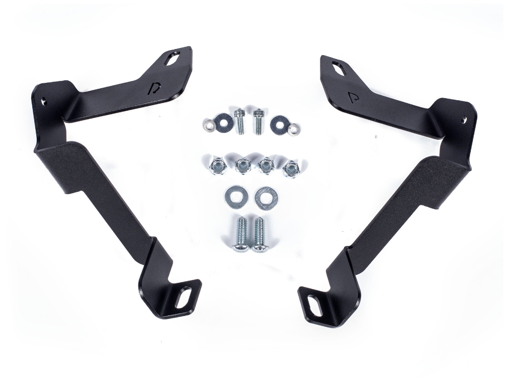 Black metal mounting brackets with bolts and nuts for vehicle accessory installation