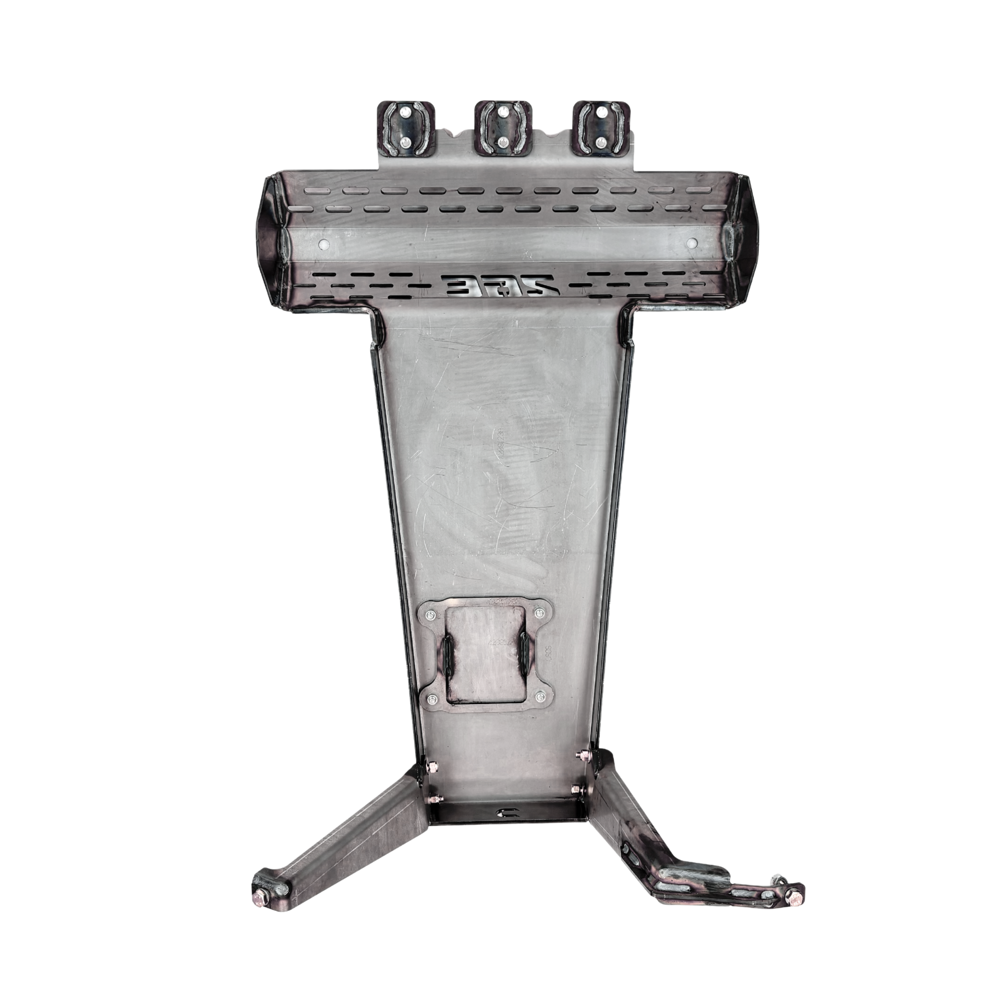 Steel skid plate for off-road vehicle, mounting brackets visible, isolated on white background.