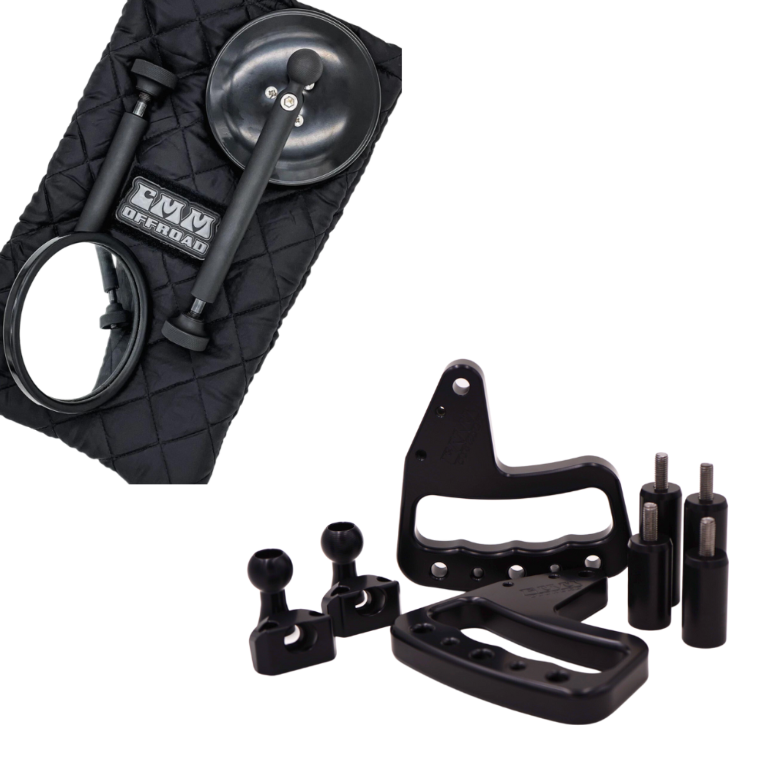 Black off-road vehicle accessory mounting kit with brackets, handles, and suction cup on quilted pad