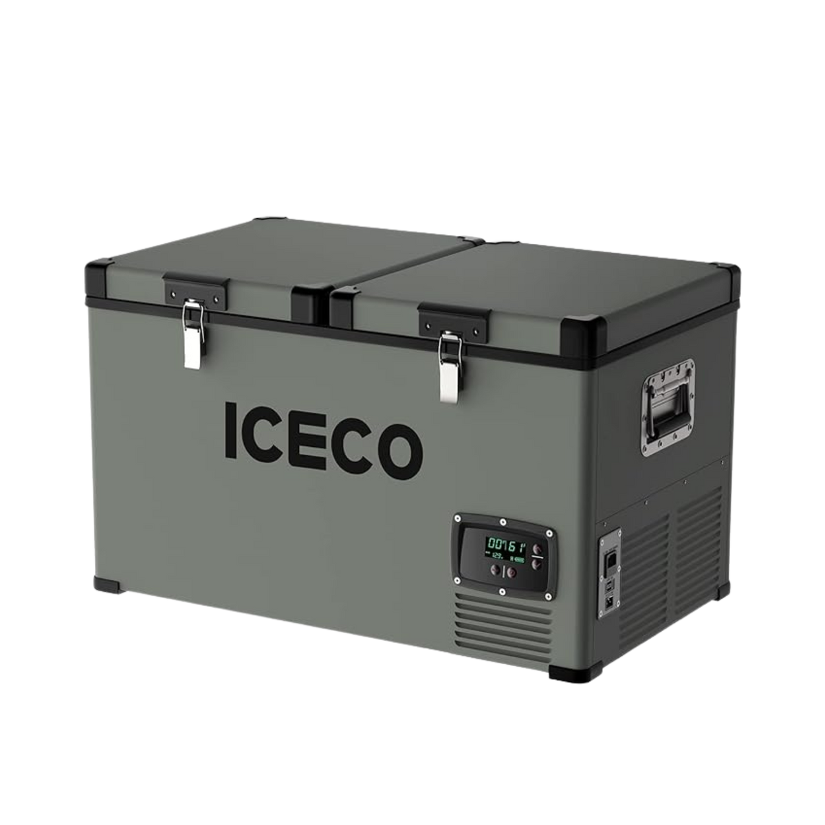 ICECO VL60 dual zone metal fridge freezer with cover in olive