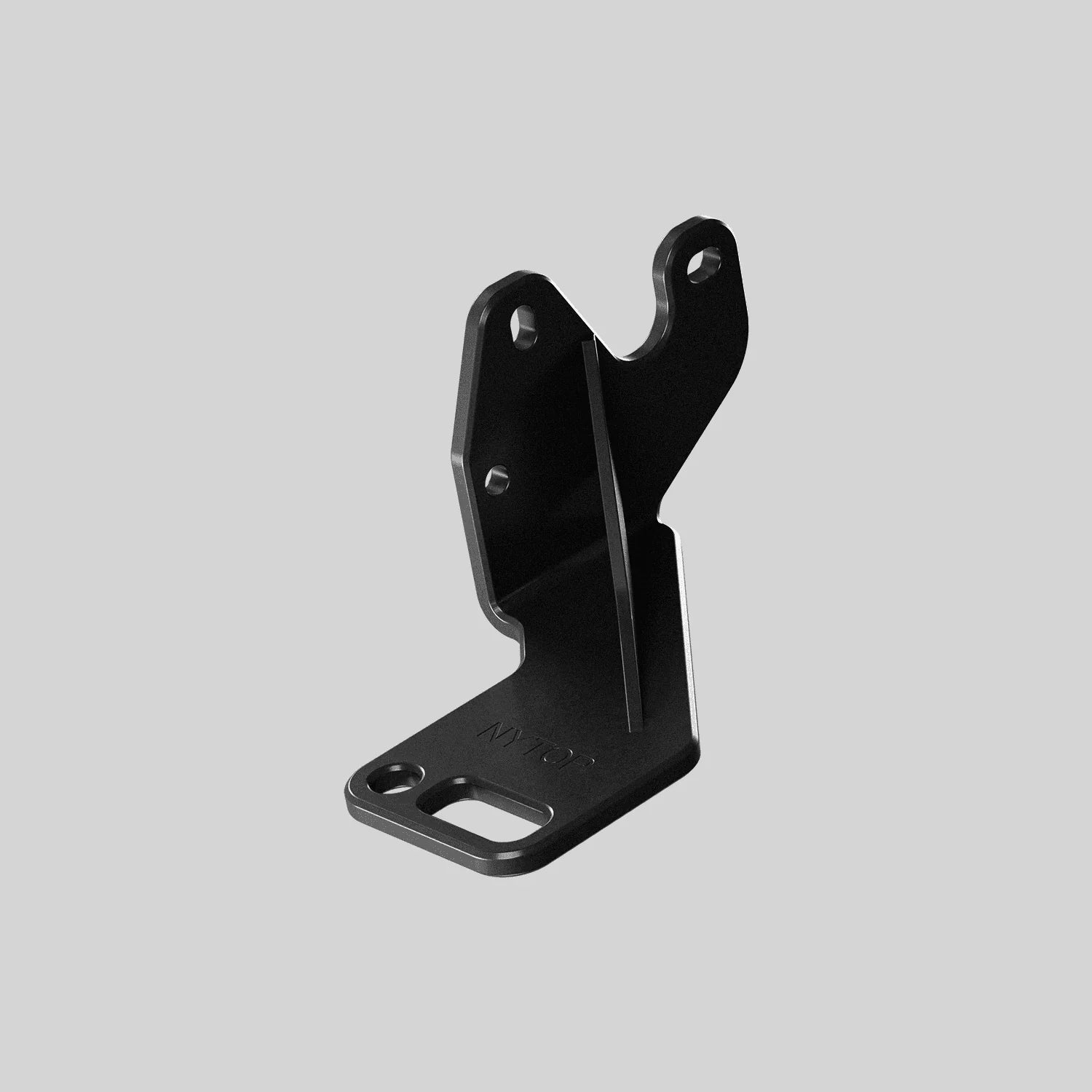 Black metal mounting bracket for overlanding vehicle accessories on gray background