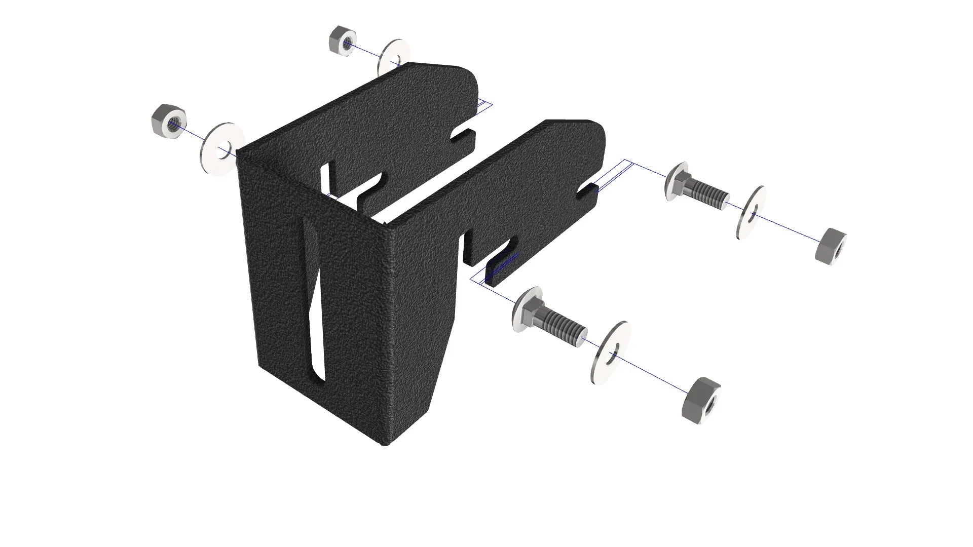 Black metal vehicle mounting bracket with bolts, washers, and nuts hardware kit