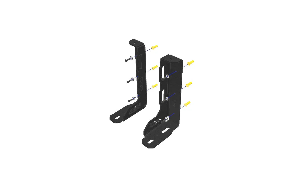 Pair of black metal mounting brackets with screws for overland vehicle accessories