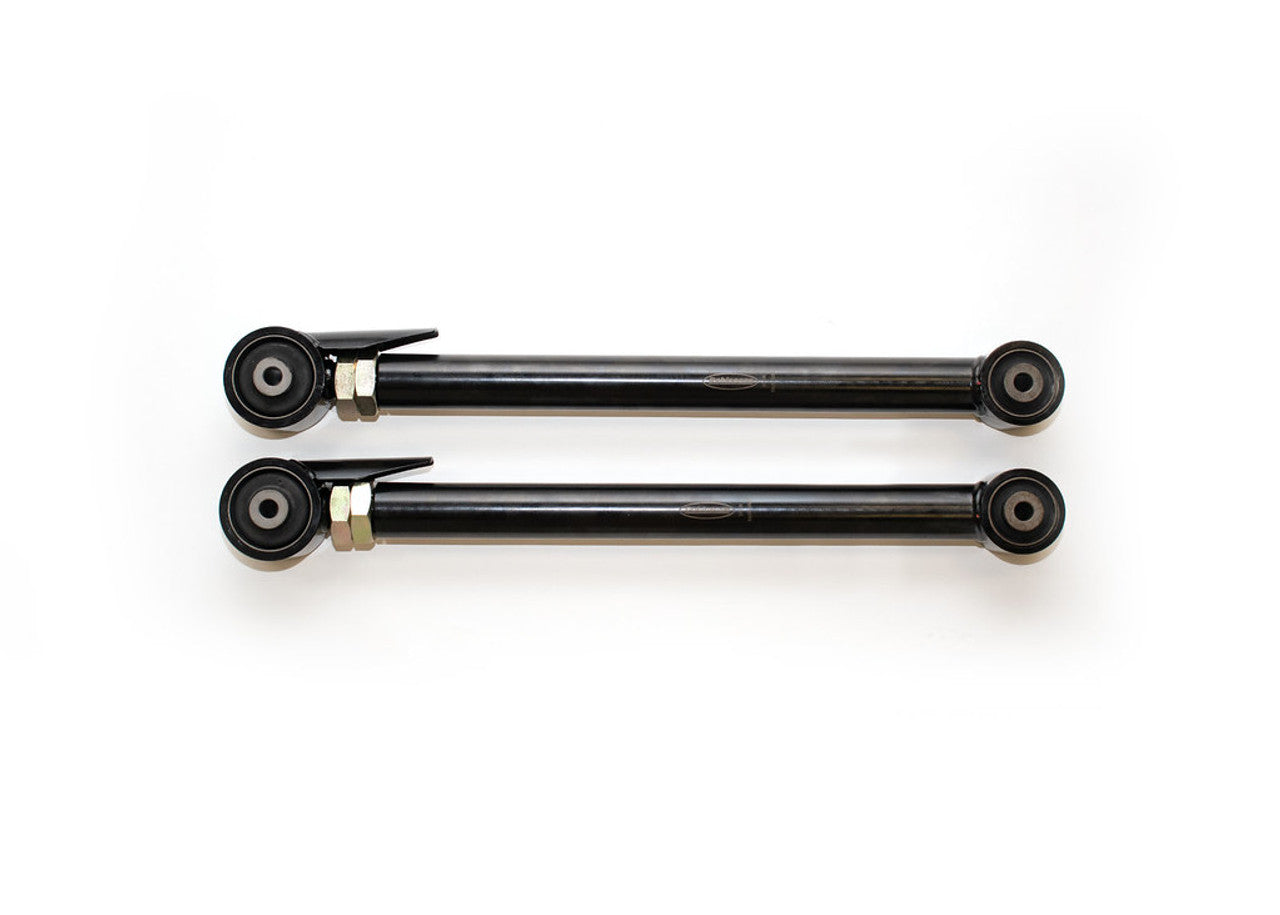 Pair of black adjustable rear lower control arms for off-road vehicles on white background