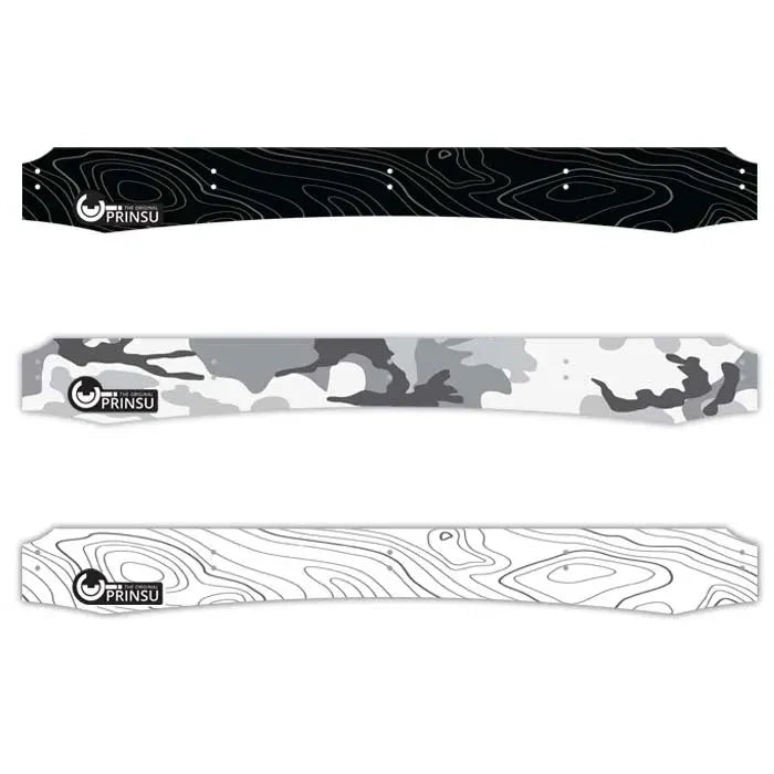 Three Prinsu roof rack wind deflectors with topographic and camouflage patterns for overlanding vehicles