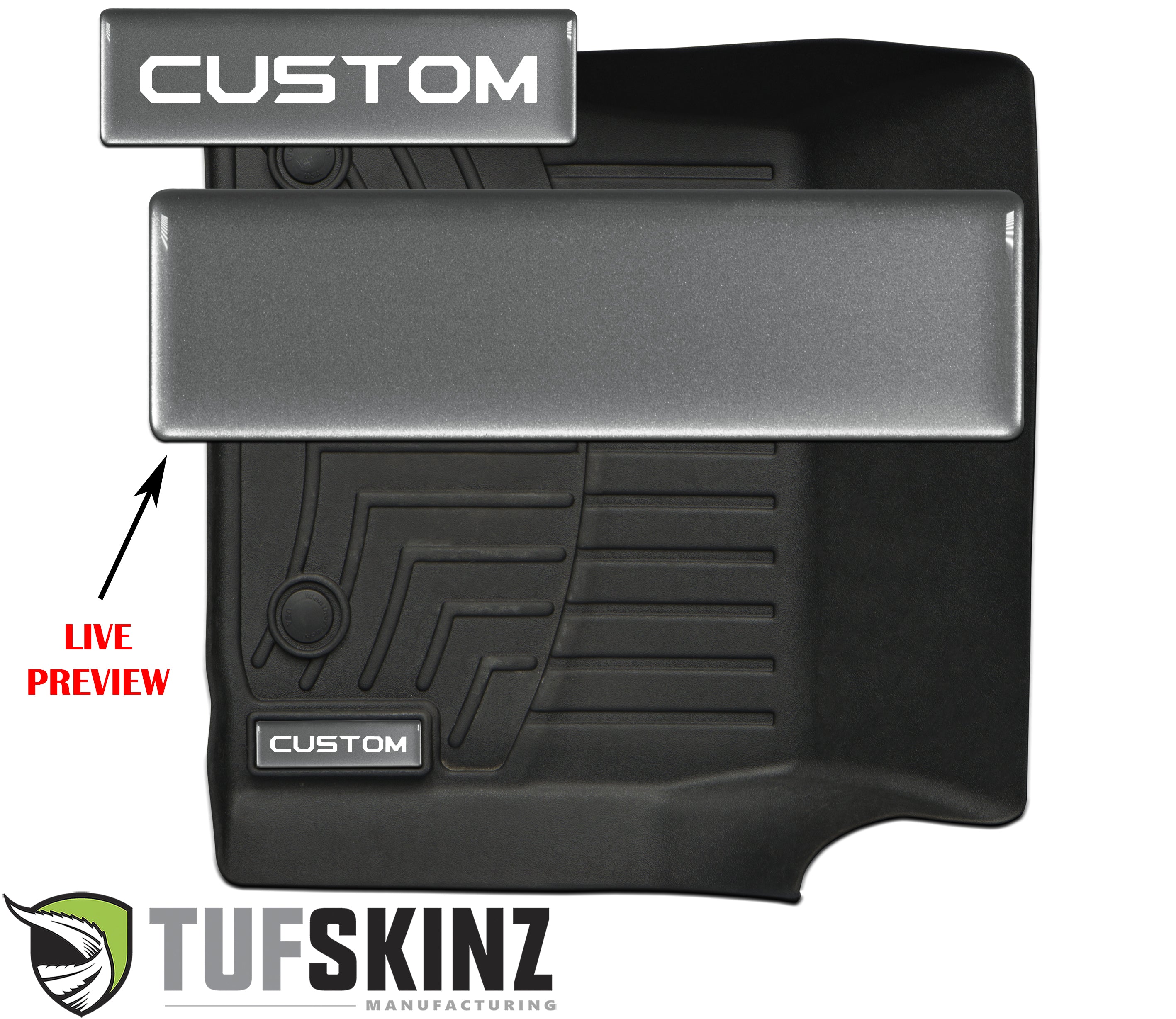 Customizable black vehicle floor mat with textured surface and Tufskinz logo, live preview shown