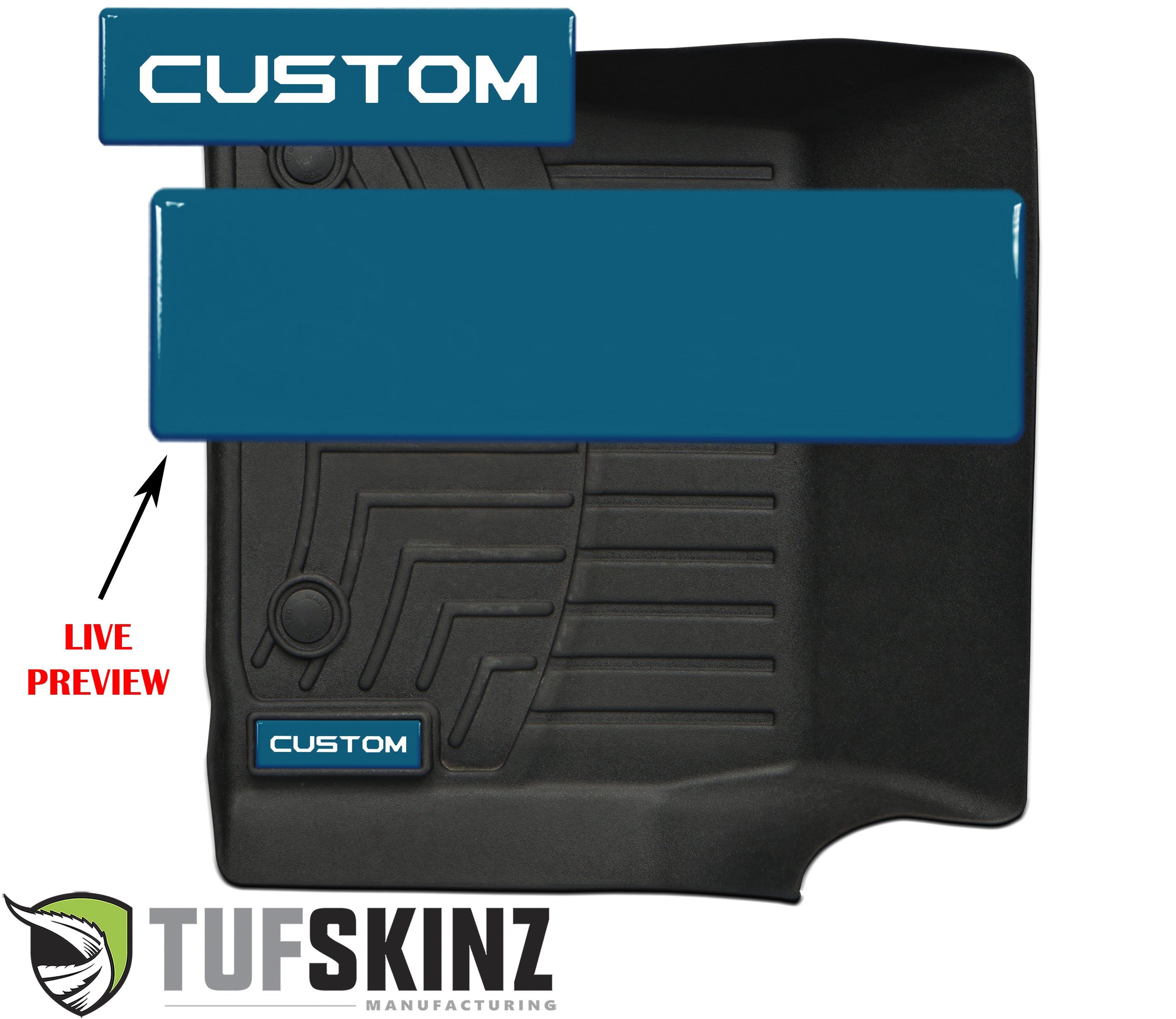 Custom black all-weather floor mat with blue label for off-road vehicles, Tufskinz logo shown
